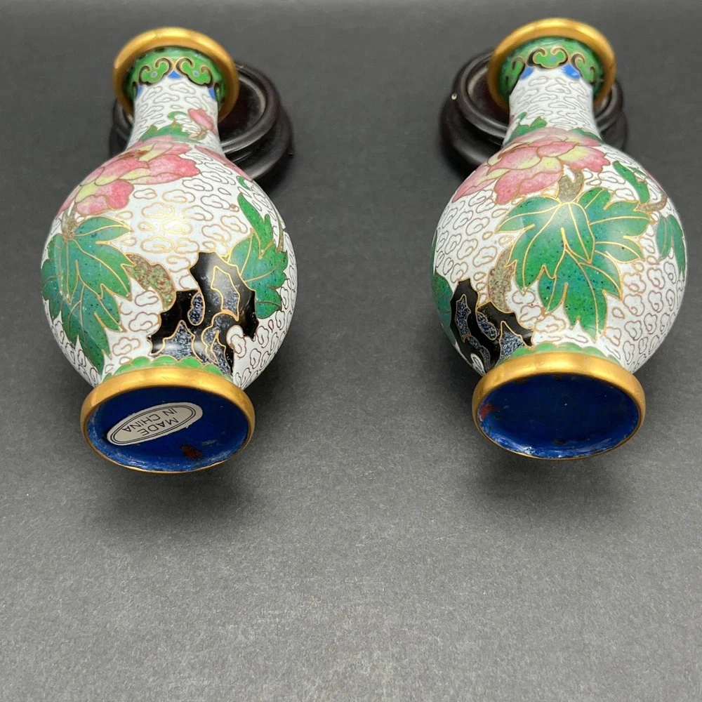 Vintage Cloisonne Vases White Floral Pink Peony Wood Stands Pair 4